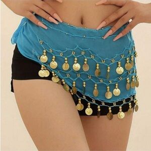 Blue Belly Dance Hip Scarf with Gold Coins & Gloves